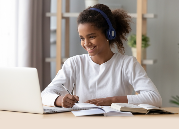 student at computer, remote learning