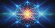 A glowing atomic structure with colorful electron orbits and a bright central nucleus on a dark blue background.
